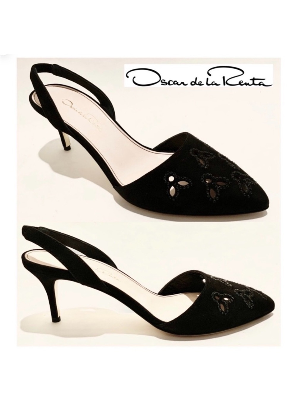 NIB Oscar de la Renta Pamie Slingback Heels Black Suede EU 37.5 / US 7 - 7.5
